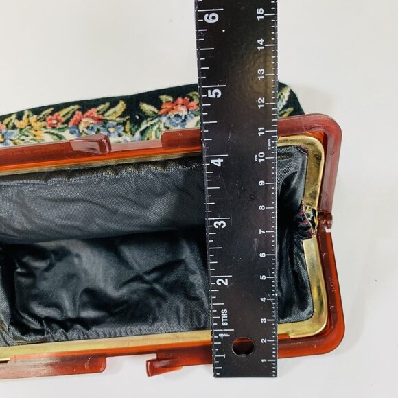 VTG 1950s Needlepoint Tapestry Clutch Floral Purse Tortoise Shell Frame Handbag - Picture 11 of 14
